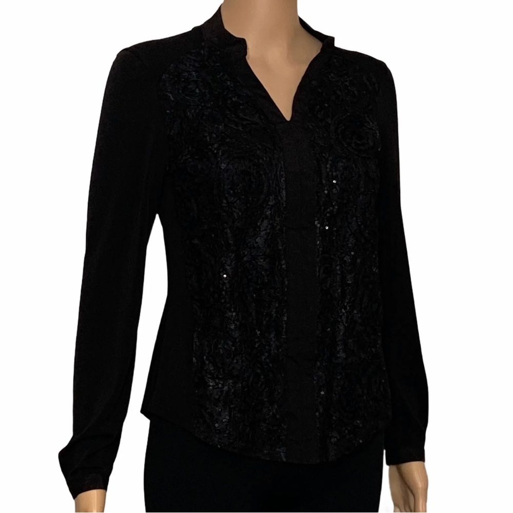 My Colection top Woman’s petite PS Long Sleeve  Embroidered  With sequin black